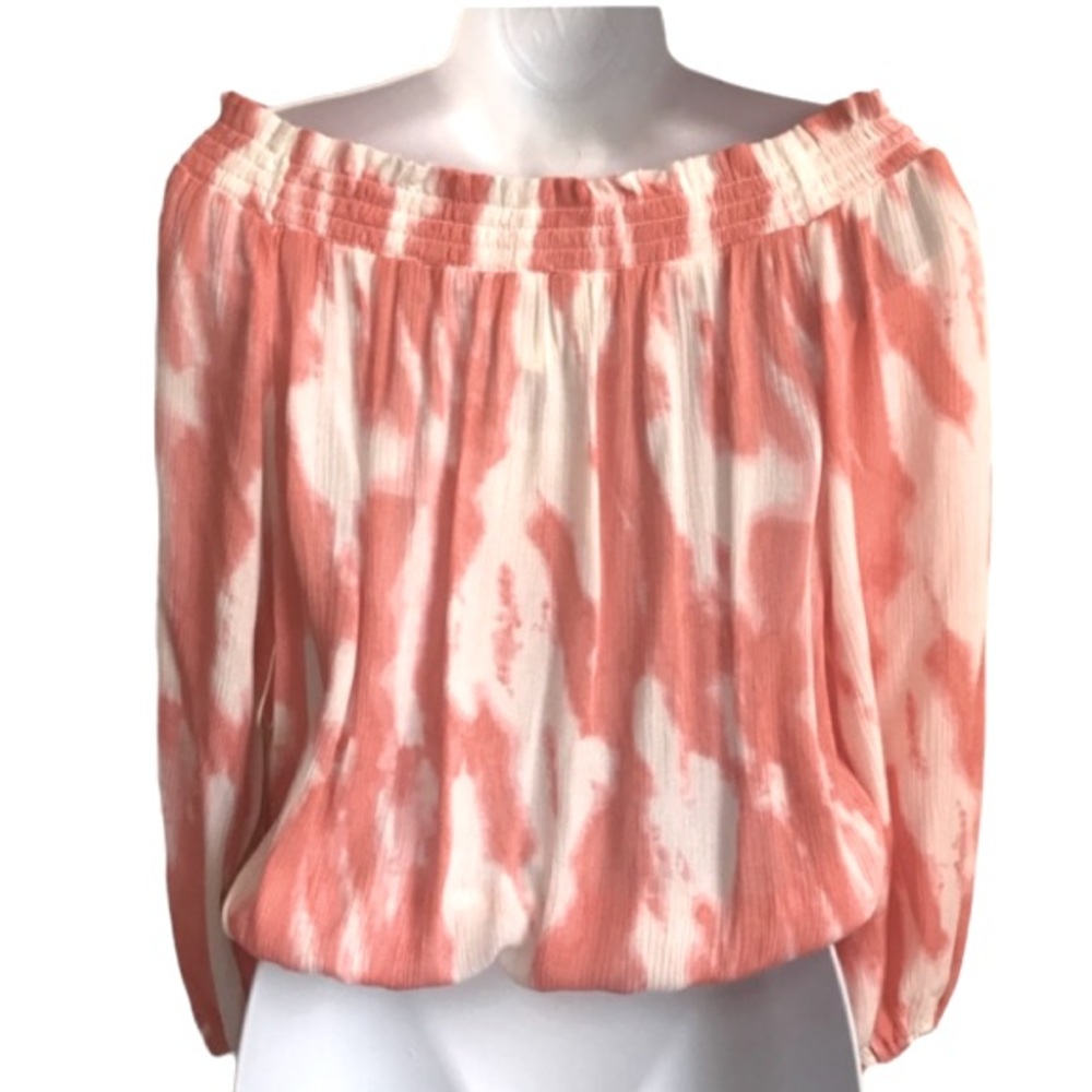 🔴 4/$15 Boutique coral & white tie dye crepey off-shoulder blouson top sz S NWT - Picture 3 of 15